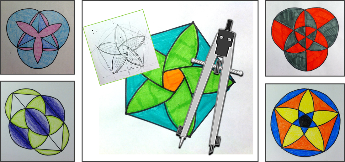 geometry construction art - midpoint, perpendicular bisector, regular pentagon, and more with a compass