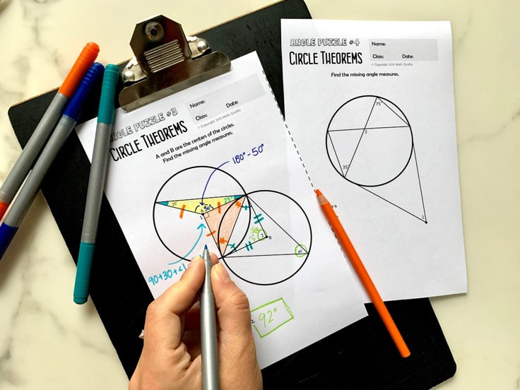 Circle Theorems Puzzles - Solving for Missing Angles Using Circle Properties
