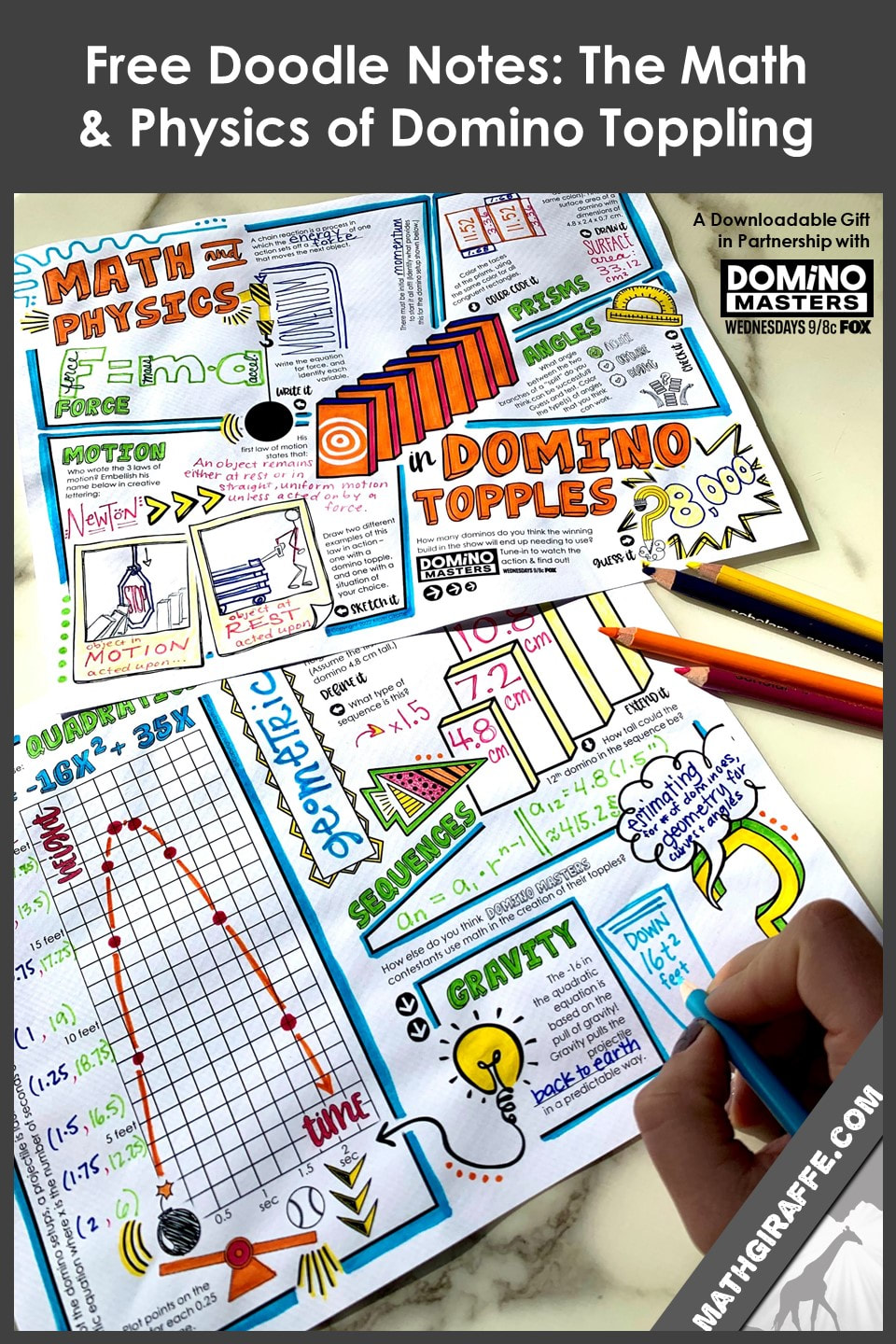 Math Giraffe and Domino Masters partner to offer this STEM - focused free downloadable doodle note lesson on physics & math concepts in domino topples