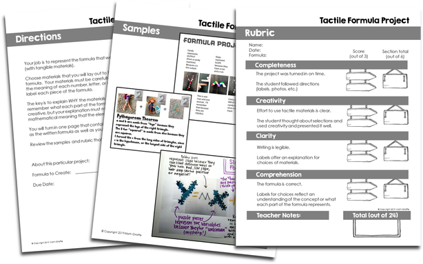 free downloadable project rubric for memorizing a math formula by building a tactile representation