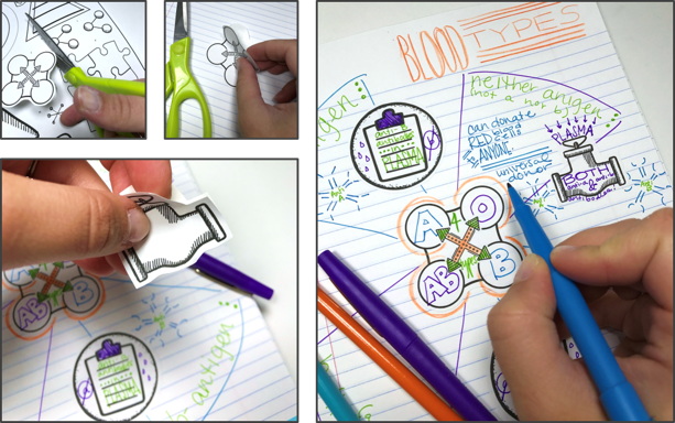 using DIY doodle note stickers for easy interactive visual notebook pages 